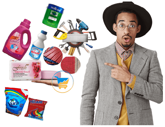 Person pointing at products